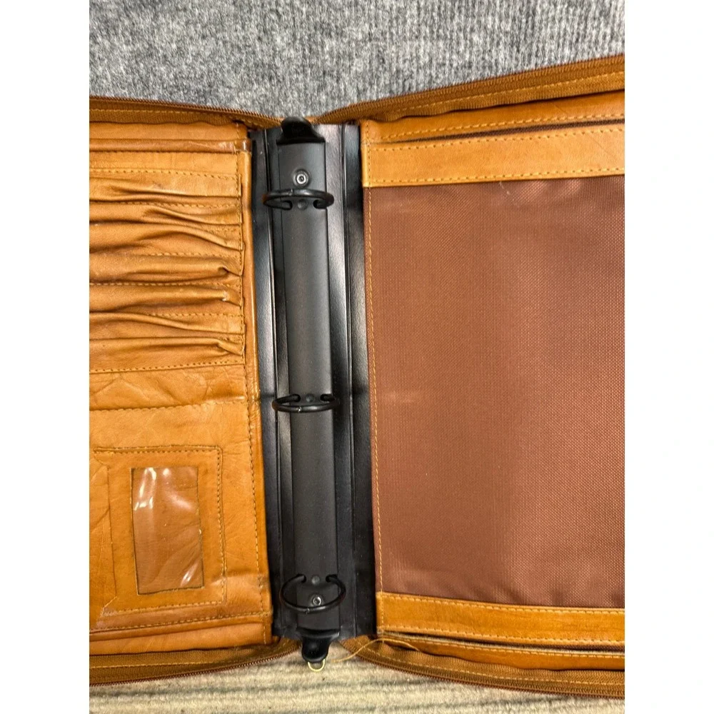 Vintage Tan Leather Zip Around Portfolio Binder Organizer Retractable Handle